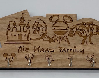 Personalized Parks Key Holder Key Rack - Handmade Solid Oak - Four Park Logo Icon Design - Five Key Holder