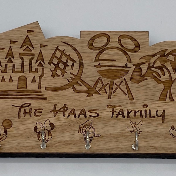 Personalized Parks Key Holder Key Rack - Handmade Solid Oak - Four Park Logo Icon Design - Five Key Holder