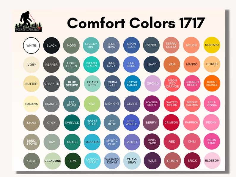 May include: A chart of 100 colour swatches with names for each colour. The chart is titled "Comfort Colors 1717".