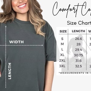 May include: Size chart for a t-shirt in sizes S to 3XL. The chart shows the length and width of the shirt in inches.