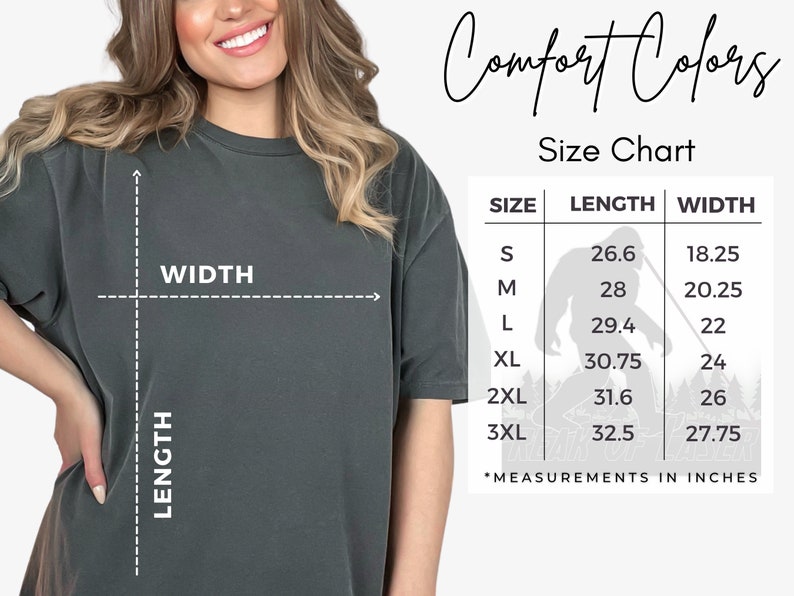 May include: Size chart for a t-shirt in sizes S to 3XL. The chart shows the length and width of the shirt in inches.