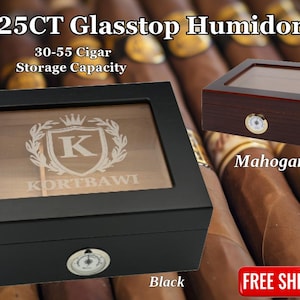 Cigar Aficionado Humidor Gift Customized Engraved Glass Top for Him Groomsmen Father's Day Birthday Husband Travel Cigar Enthusiast
