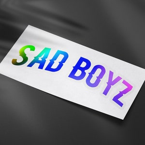 May include: A white sticker with the text "SAD BOYZ" in a rainbow gradient font.