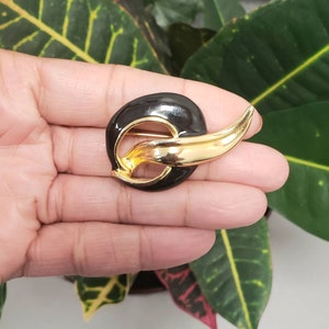 Vintage Black Enamel Brooch: Gold Tone Accent