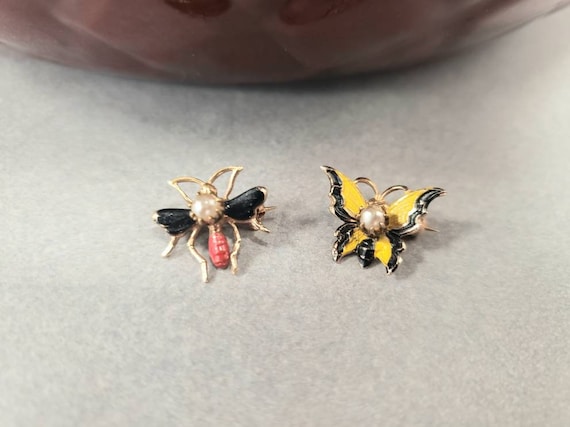 Two Adorable Vintage Gold Tone and Enamel Insect … - image 2