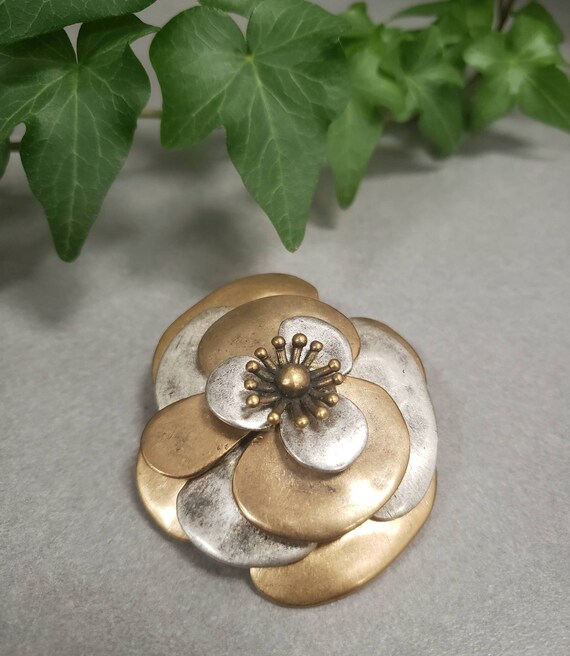 Vintage Chico's Signed Antique Silver and Gold Flower Brooch - Etsy