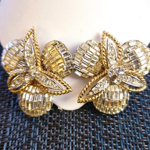 Stunning Ciner Vintage Invisible Set Baguette Rhinestone Flower Silver and Gold Tone Earrings - Signed