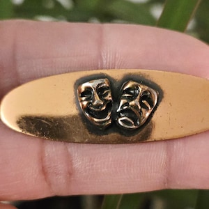 Vintage Oval Copper Comedy Tragedy Theater Masks Faces Brooch