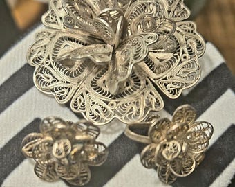Vintage Sterling Silver Filigree Flower Brooch and Earring Set