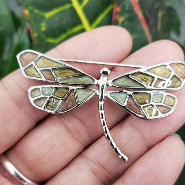 Vintage Dragonfly Insect Brooch Pin Green and Brown Mosaic Enamel