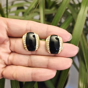Beautuful Vintage White Crystal  Black Enamel Rectangular Pierced Earrings