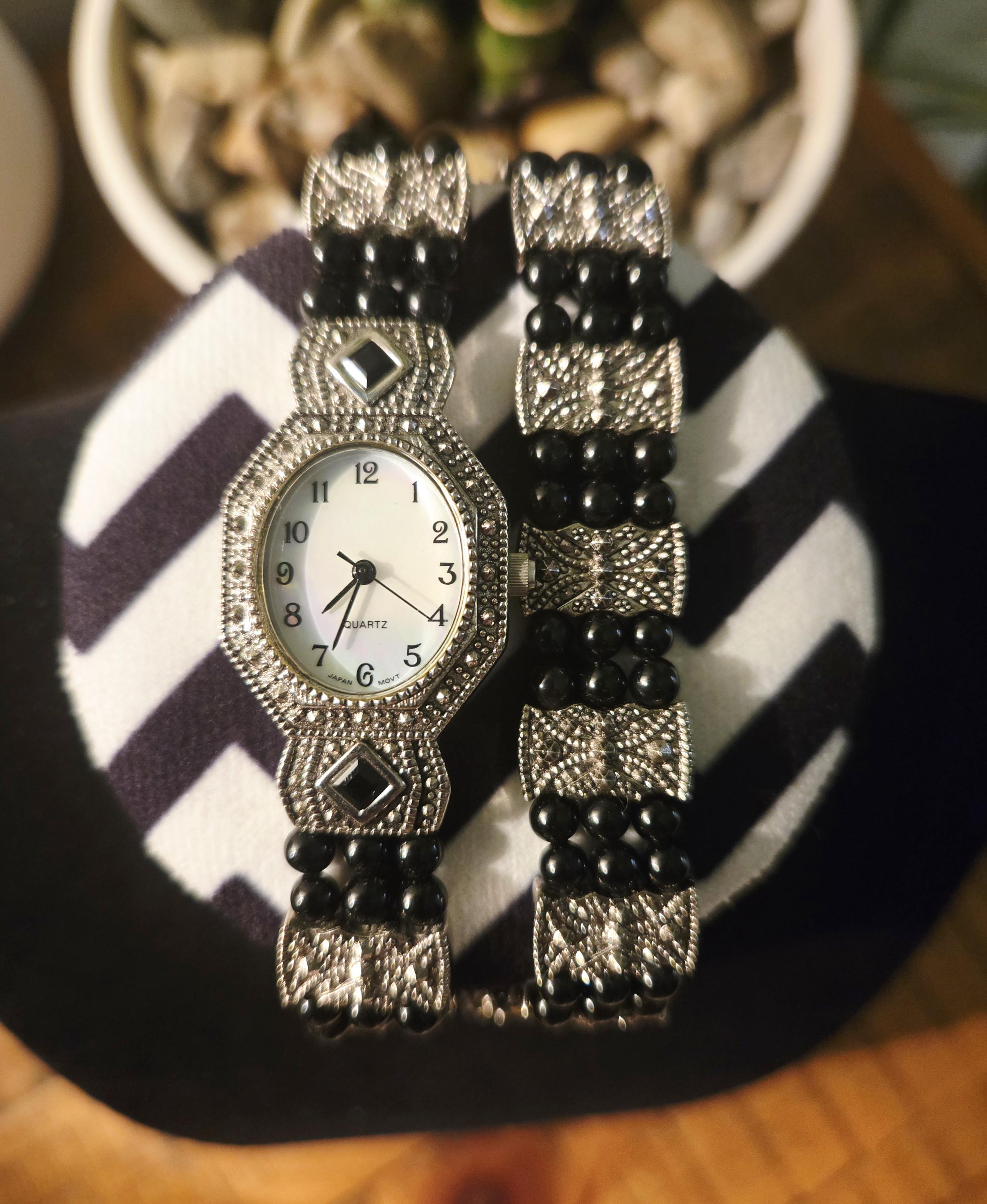 Avon Art Deco Marcasite Style Stretch Bracelet Watch Silver Tone Avon Women Wristwatches with 12-Hour Dial for sale | eBay main image 2