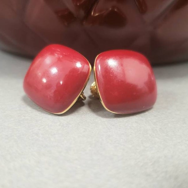 Napier Signed Dark Red Enamel Vintage Clip Earrings