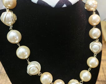 Vintage Faux Pearl Choker: Gold Plated Wire Wrapped Necklace