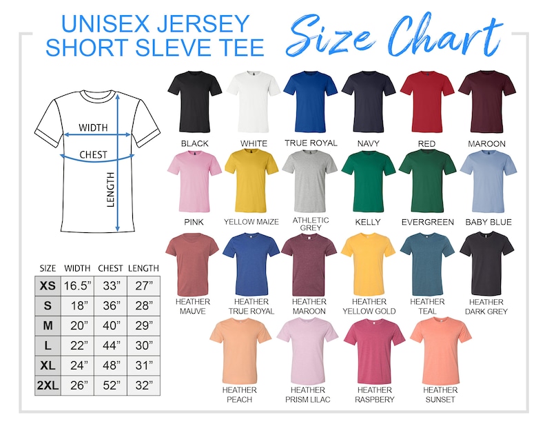 以下が含まれることがあります： ユニセックスの半袖Tシャツのサイズ表です。表には、XSから2XLまでのサイズに対応する幅、胸囲、着丈の寸法が示されています。表には、ヘザーモーヴ、トゥルーロイヤル、マロン、イエローゴールド、ティール、ダークグレー、ピーチ、プリズムライラック、ラズベリー、サンセットなど、Tシャツの色オプションも示されています。