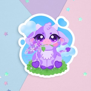 Cute Cow Sticker, Purple Cow Decal, Lavender Cow Sticker, Lilac Flower Stickers, Kawaii Stickers, Pastel Aesthetic, Cottagecore Stickers