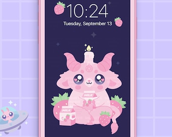 Cute Baphomet Phone Wallpaper, Pastel Goth Wallpaper, Kawaii Digital Background, Strawberry Cow Phone, Strawberry Milk Phone