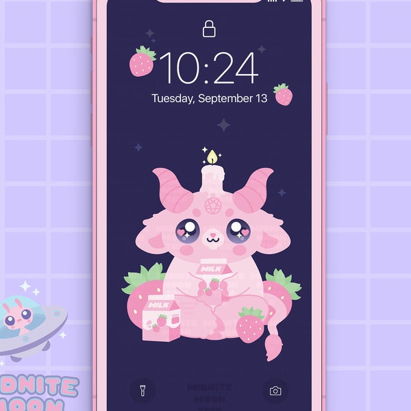 Cute Baphomet Phone Wallpaper, Pastel Goth Wallpaper, Kawaii Digital Background, Strawberry Cow Phone, Strawberry Milk Phone
