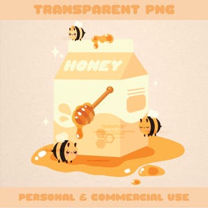 Honey Bee Milk Carton Transparent PNG Clipart–Cute Kawaii Whimsical Digital Art for Stickers, Wallpapers, Journals, & More| Instant Download
