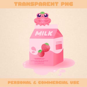 Clipart PNG transparents de grenouille de lait aux fraises - Art numérique fantaisiste kawaii mignon pour autocollants, papiers peints, journaux et plus | Téléchargement instantané