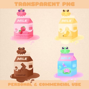 Fruit Milk Frogs Transparent PNG Clipart – Cute Kawaii Whimsical Digital Art for Stickers, Wallpapers, Journals, & More | Instant Download
