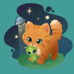 Op de afbeelding: Een digitale illustratie van een cartoon oranje kat die een kleine groene alien vasthoudt. De kat heeft grote groene ogen en staat op een stuk groen gras. Een UFO schijnt een licht op de kat en de alien, met sterren op de achtergrond. De handtekening van de kunstenaar staat rechtsonder.