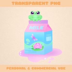 Clipart PNG transparent nénuphar grenouille lait - art numérique kawaii mignon et fantaisiste pour autocollants, papiers peints, journaux et plus | Téléchargement instantané