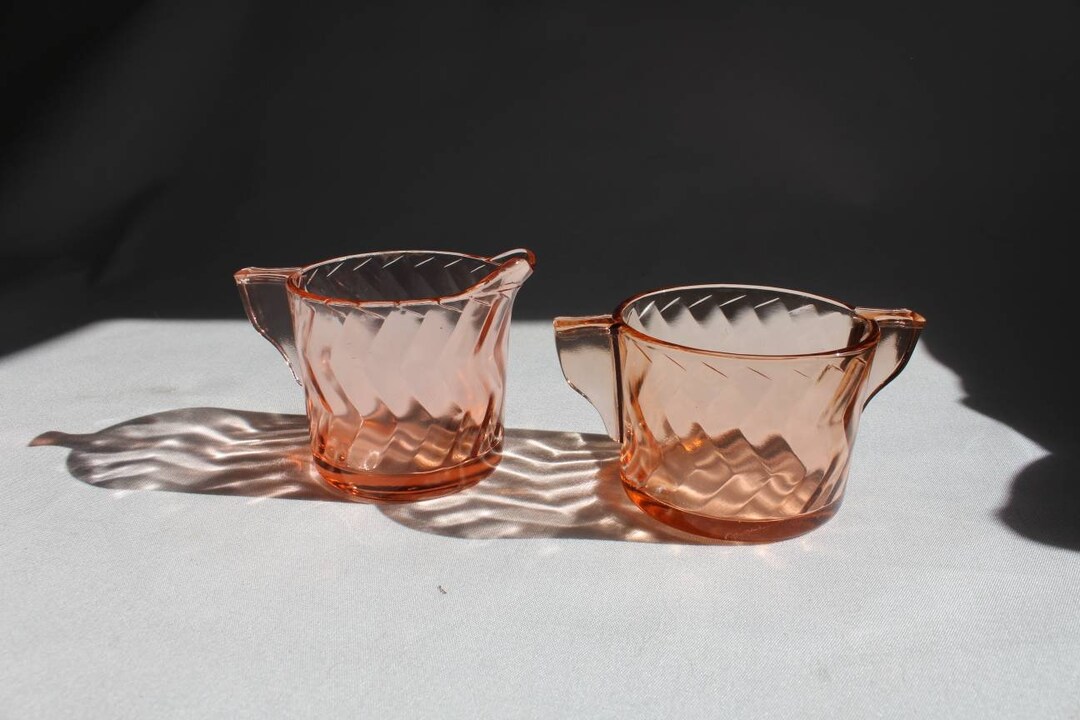 Vintage Art Deco Pink Creamer and Sugar Set, Pink Depression Glass