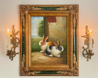 Vintage original bunny oil painting, bunny painting, original oil painting, ornate frame oil painting, bunny painting antique bunny