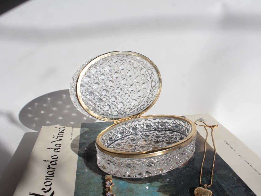 Vintage French Crystal Cut Jewelry Box Oval Large Crystal Jewlery Box