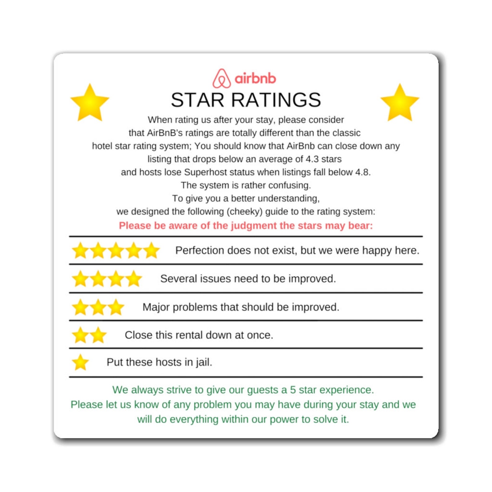 AirBnb 5 Star Rating Explanation Magnet For Superhosts Etsy how-to-get-5-star-airbnb-reviews-and-ratings-for-your-business