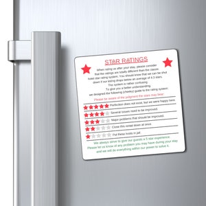 5 Star Rating Explanation Magnet : Red Stars with universal text and logo integration.