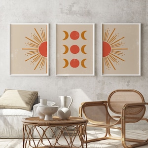 Set of 3 Boho Abstract Creative Sun Moon Celestial Wall Art Print | Abstract Wall Art | Minimal Poster Art | Home Gift | Wall Decor