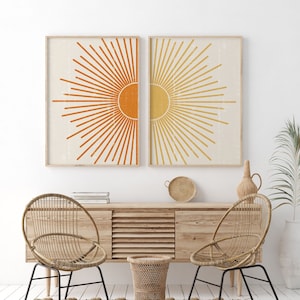 Set of 2 Boho Abstract Orange Yellow Colour Sunset Wall Art Print | Sun Sunlight | Celestial Wall Art | Bohemian Poster | Boho Decor | Gift