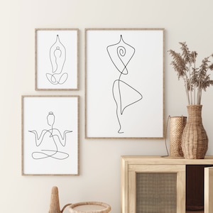 Conjunto de 3 dibujos de manos abstractas modernas de línea deportiva de yoga y meditación, impresión artística, arte de pared, póster minimalista, póster de yoga, pose de yoga