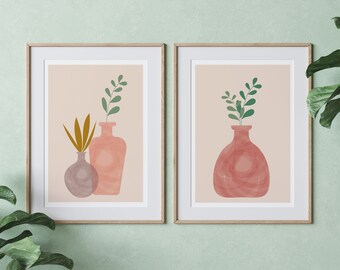 Set de 2 flores abstractos contemporáneos Jarrones Wall Art Print / Botanic Art / Minimal Poster Art / Digital / Home Gift / Nature