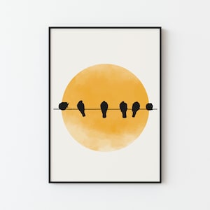 Abstrakte Natur und Vögel Sonne Gelb Skandinavischen Kunstdruck | Himmlische abstrakte Wandkunst | Poster Dekor | Minimal Kunst | Hauptwanddekor