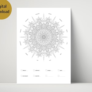 May include: A black and white mandala coloring page with a circle of intricate designs. The page includes a section with checkboxes for different emotions: happy, relaxed, angry, sad, stressed, neutral, and blank.