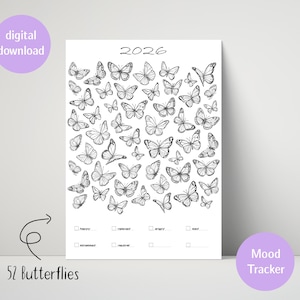 Könnte beinhalten: Ein schwarz-weiß Mood Tracker für 2026 mit 52 Schmetterlingsillustrationen. Das Design beinhaltet Kontrollkästchen zur Stimmungsverfolgung und den Text "digitaler Download" und "Mood Tracker".