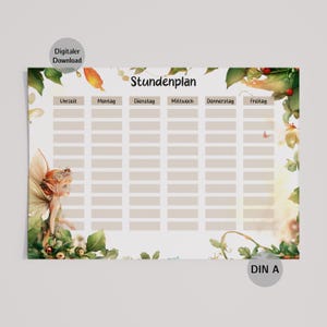May include: A digital download of a weekly planner with a fairy theme. The planner features a fairy illustration in the corner, with the days of the week and time slots. The text "Stundenplan" is at the top, with the words "Digitaler Download" in a circle.