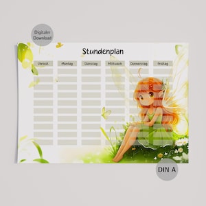 May include: A digital download of a schedule planner featuring a cartoon fairy with orange hair and green dress. The planner has a grid for the days of the week and the word "Stundenplan" at the top.