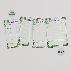May include: A set of four printable planner sheets with a tropical leaf design. The sheets include a weekly work plan and to-do lists. The phrase "digital download" is in a green circle. The sheets are labeled "DIN A".