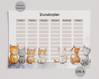 Stundenplan mit Katzen zum ausdrucken o. digital bearbeiten | Din A4 o. A5 Format | PDF Datei | Schulstart, Einschulung, Schulkind