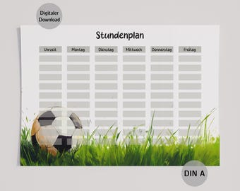 Könnte beinhalten: Digitaler Download eines Stundenplans mit einer Fußball-Illustration. Der Stundenplan ist auf Deutsch, mit dem Wort "Stundenplan" oben. Das Bild zeigt einen Fußball im grünen Gras.