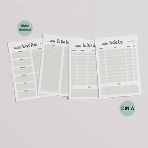 May include: A collection of printable work and to-do list templates. The templates are in a light green and white color scheme. The text "digital download" and "DIN A" are visible. The templates include sections for weekly plans and to-do lists.