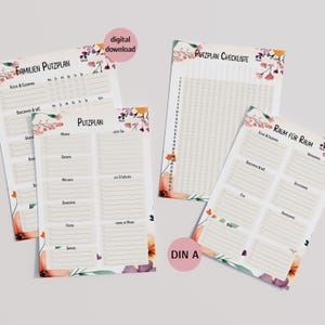 Könnte beinhalten: Eine Auswahl an druckbaren Reinigungschecklisten und Planern mit floralen Designs. Die Texte beinhalten "Familien Putzplan", "Putzplan Checkliste" und "Raum für Raum". Der digitale Download ist im DIN A Format.