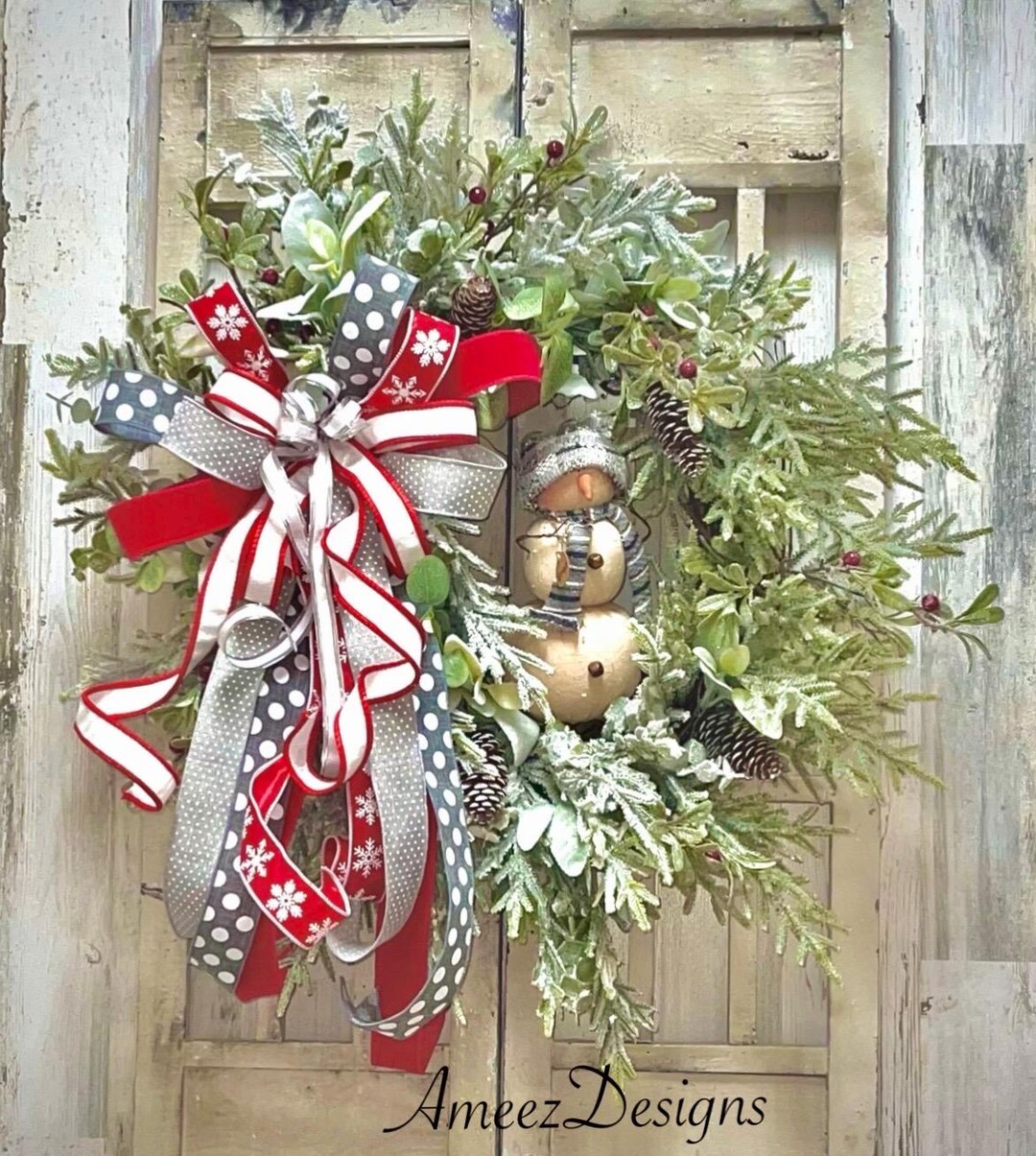 Winter Gray and White Snowman Wreath, Snowman Wreath, Winter Wreath ...