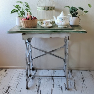 Vintage Cast Iron Sewing Machine Base with Sage Green Painted and Distressed Original Wood Top Table