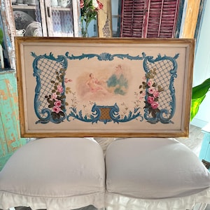 RARE FIND! Early 20c Lovely French &#39;A Woman and a Cherub&#39; Painting on wood panel