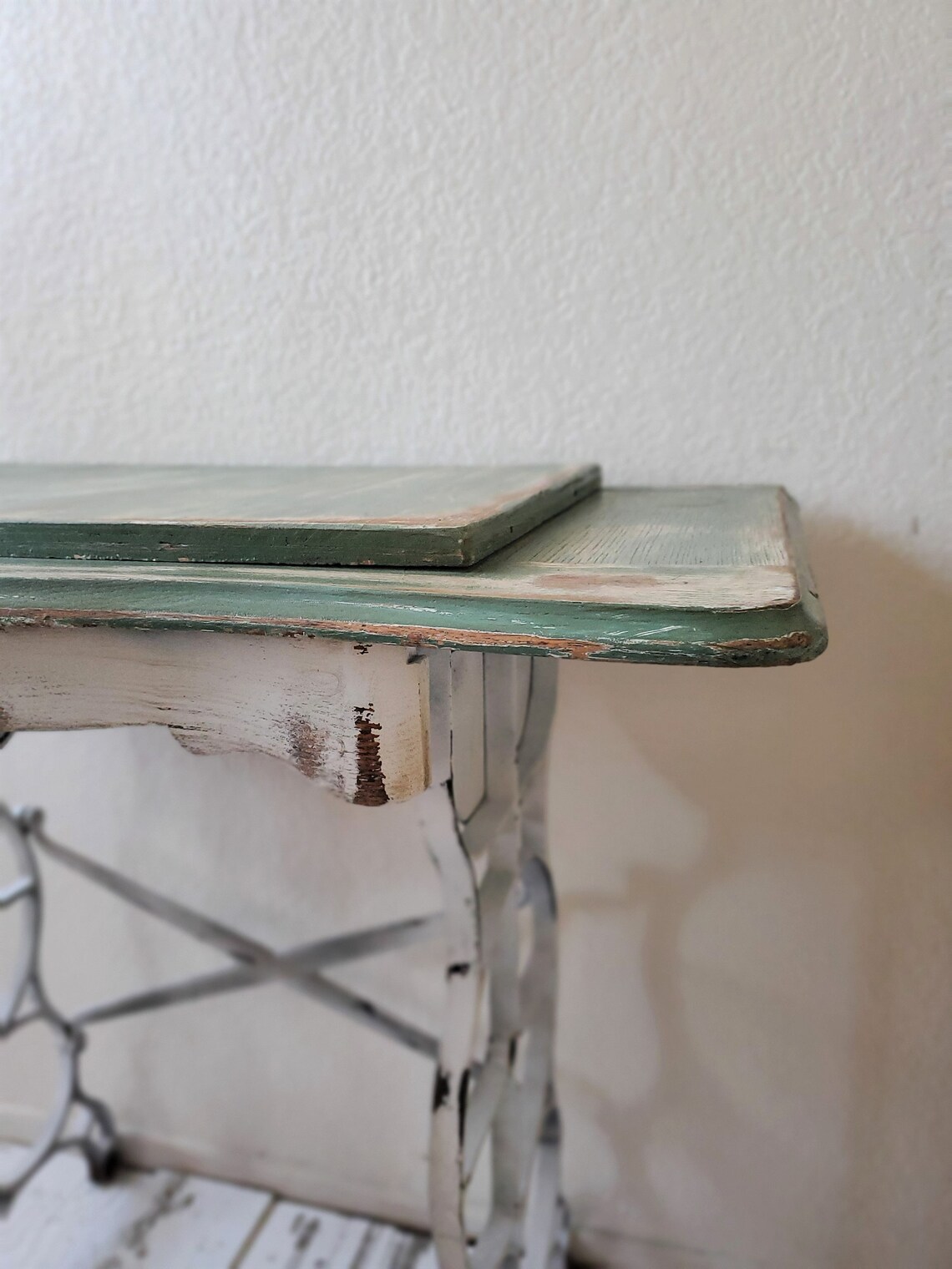 Vintage Cast Iron Sewing Machine Base With Sage Green Painted and